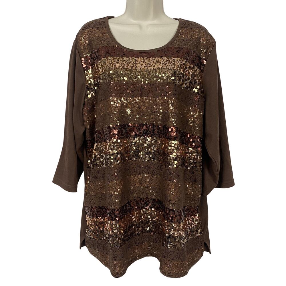 Quacker Factory Top Womens 2X Brown Sequin Lace Tunic 3/4 Party Glam Earth Tone